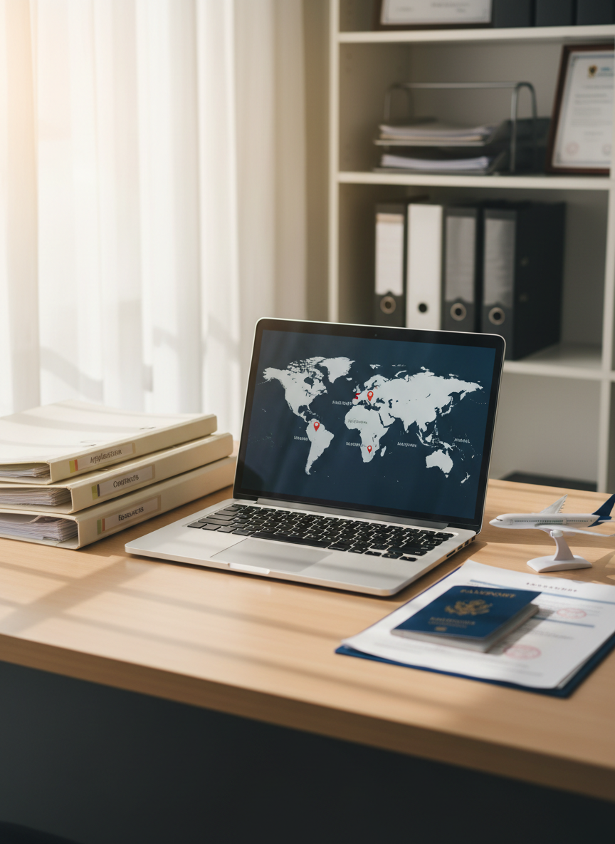 A neatly arranged workspace dedicated to overseas job training, featuring an open silver laptop displaying a world map marked with New Zealand, Taiwan, Hong Kong, Singapore, Malaysia, and Brunei. Around it, organized folders with labeled tabs, official-looking documents, a blue passport, and a small model airplane rest on a smooth light-wood desk. Soft daylight from a nearby window bathes the scene, creating gentle highlights on the paper and subtle reflections on the laptop. The background is softly blurred shelves with binders and certificates. Photographic realism, eye-level composition, clean and modern aesthetic, with a calm, professional atmosphere that conveys safe, legal, and well-managed work placement processes.