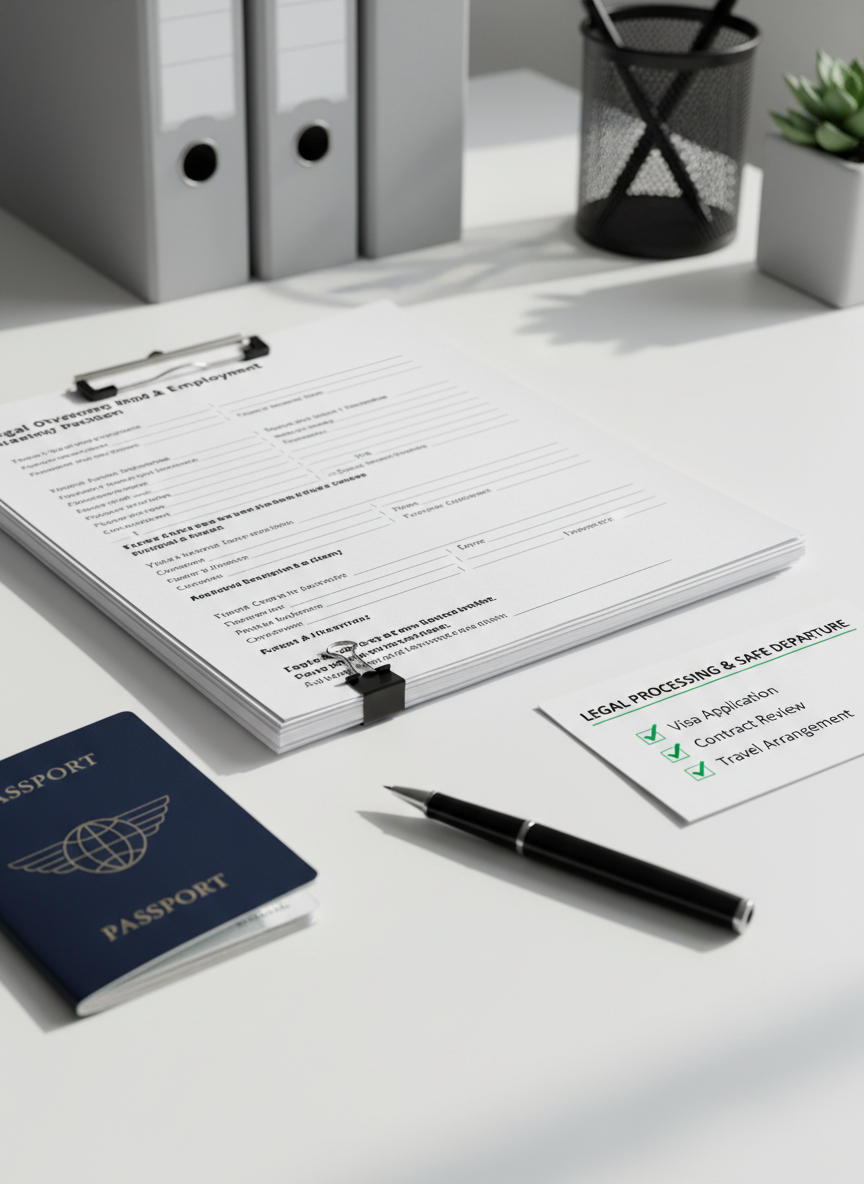 A close-up of an official-looking application package for legal overseas employment lying on a tidy white desk. The main focus is a stack of neatly clipped bilingual forms, a navy passport with a subtle embossed emblem, and a sleek black pen aligned precisely. Next to them, a small checklist card with green tick marks and a printed heading about legal processing and safe departure. Diffused daylight from above creates soft shadows and bright, crisp highlights, enhancing the texture of the paper and passport cover. The composition uses shallow depth of field, blurring a background of orderly binders and a minimalist desk organizer. Photographic realism, clean and professional tone, suggesting trust, order, and reliability in the training and placement process.