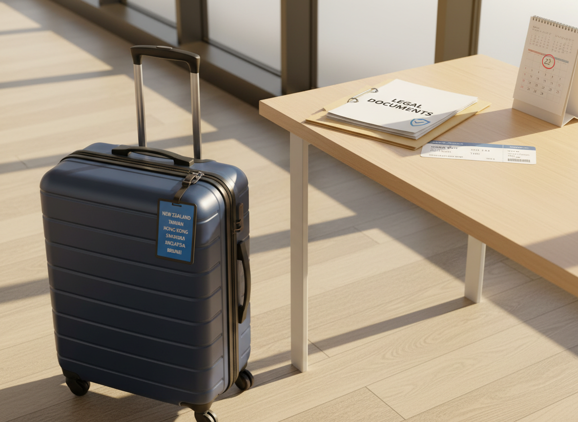 A detailed still life representing safe and legal migration for work, centered on a sturdy navy-blue hard-shell suitcase standing beside a tidy desk. On the suitcase handle hangs a laminated tag printed with multiple destination names: New Zealand, Taiwan, Hong Kong, Singapore, Malaysia, and Brunei, along with a small icon of a shield symbolizing safety. On the desk, a neatly arranged folder labeled “Legal Documents” lies next to a boarding pass mockup and a small calendar page with a departure date circled. Warm, late-afternoon sunlight streams in from the side, casting long, soft shadows and a golden glow. Photographic realism, three-quarter angle, clean and modern style, creating a mood of readiness, security, and professional guidance up to the moment of departure.