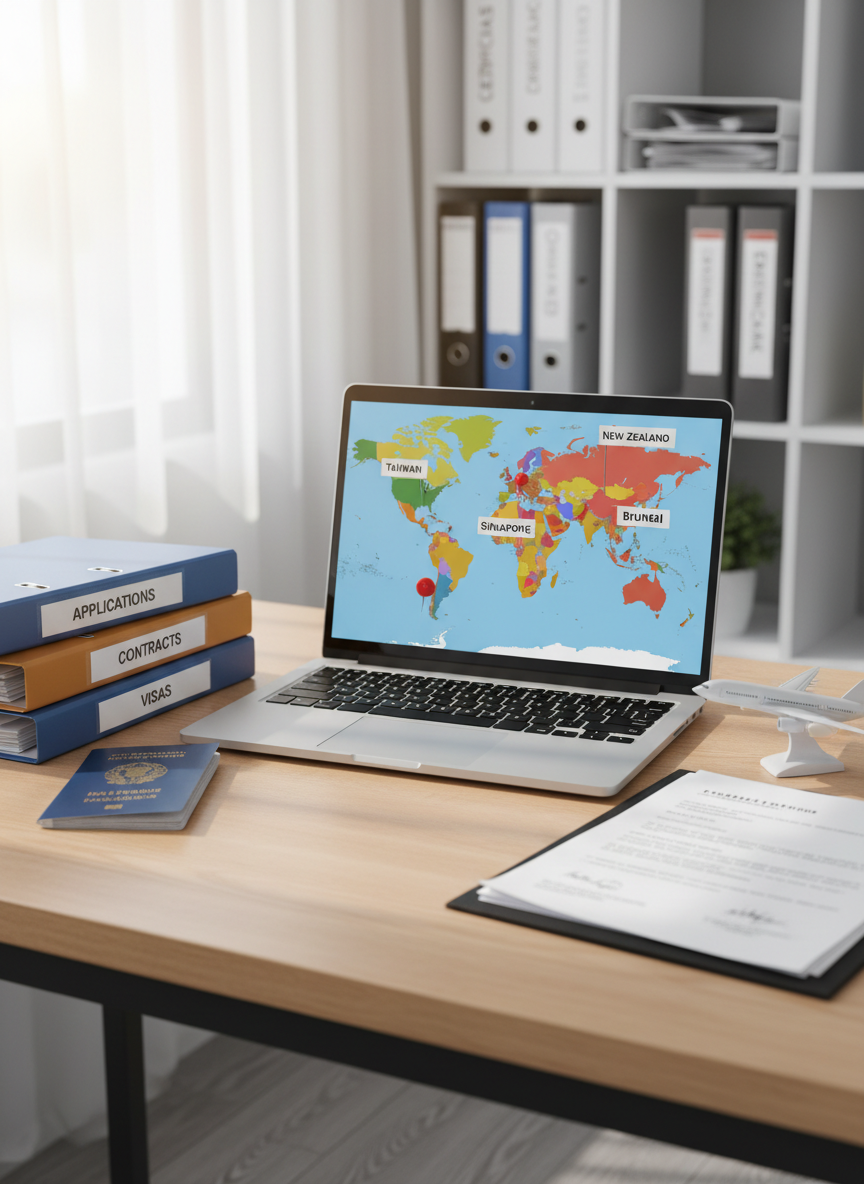 A neatly arranged workspace dedicated to overseas job training, featuring an open silver laptop displaying a world map marked with New Zealand, Taiwan, Hong Kong, Singapore, Malaysia, and Brunei. Around it, organized folders with labeled tabs, official-looking documents, a blue passport, and a small model airplane rest on a smooth light-wood desk. Soft daylight from a nearby window bathes the scene, creating gentle highlights on the paper and subtle reflections on the laptop. The background is softly blurred shelves with binders and certificates. Photographic realism, eye-level composition, clean and modern aesthetic, with a calm, professional atmosphere that conveys safe, legal, and well-managed work placement processes.
